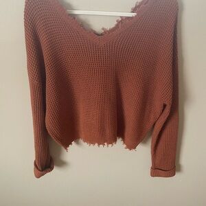 moon & madison V-Neck Frayed Hem Sweater - Rust